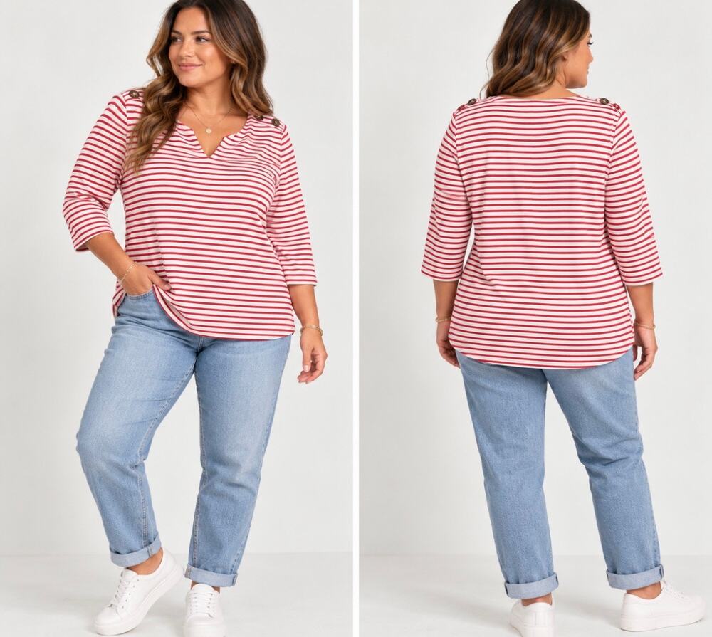 Croft & Barrow Women’s 1X Red White Striped Nautical Top 3/4 Sleeve Coastal